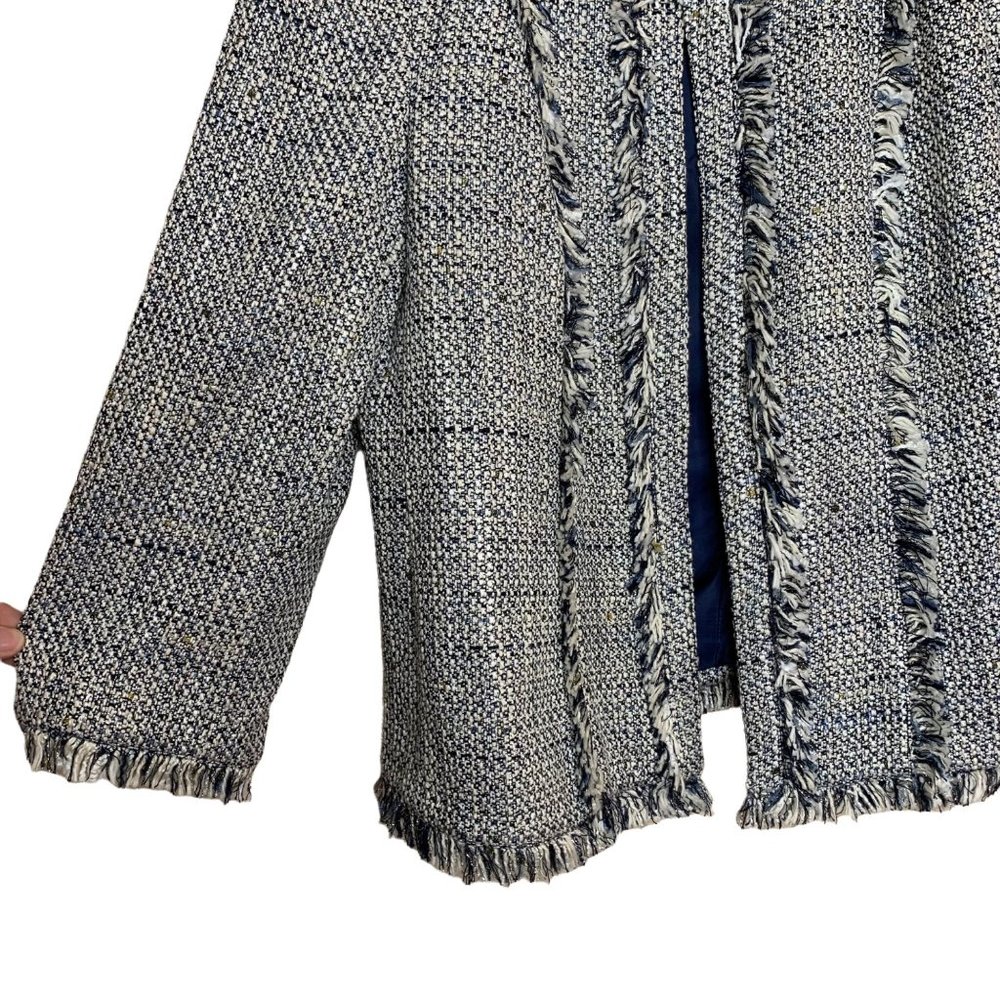 Kasper Flyaway Novelty Blazer Tweed Fringe Jacket Open Front Blue White Gold 8 - Picture 3 of 11
